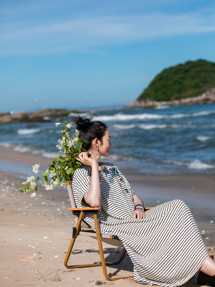 牧衣游 条纹印花纯棉连衣裙女新款宽松简约休闲文艺T恤裙 晚来晴 - 图2