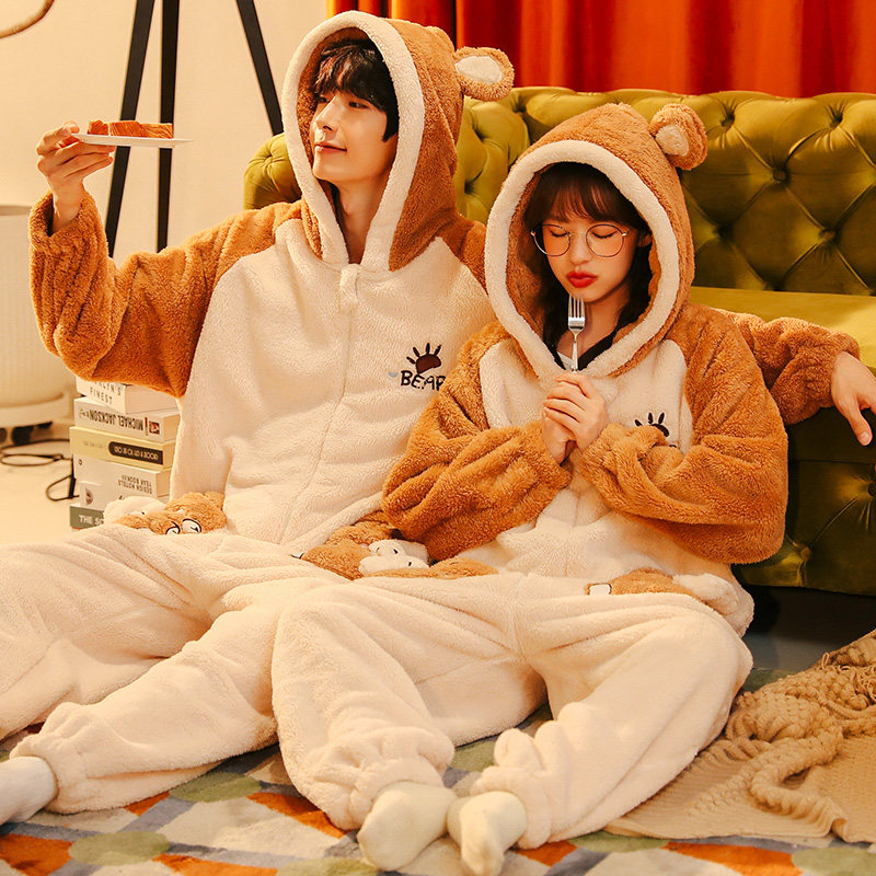 情侣冬季珊瑚绒加绒连体可爱睡衣 戴蜜睡衣/家居服套装