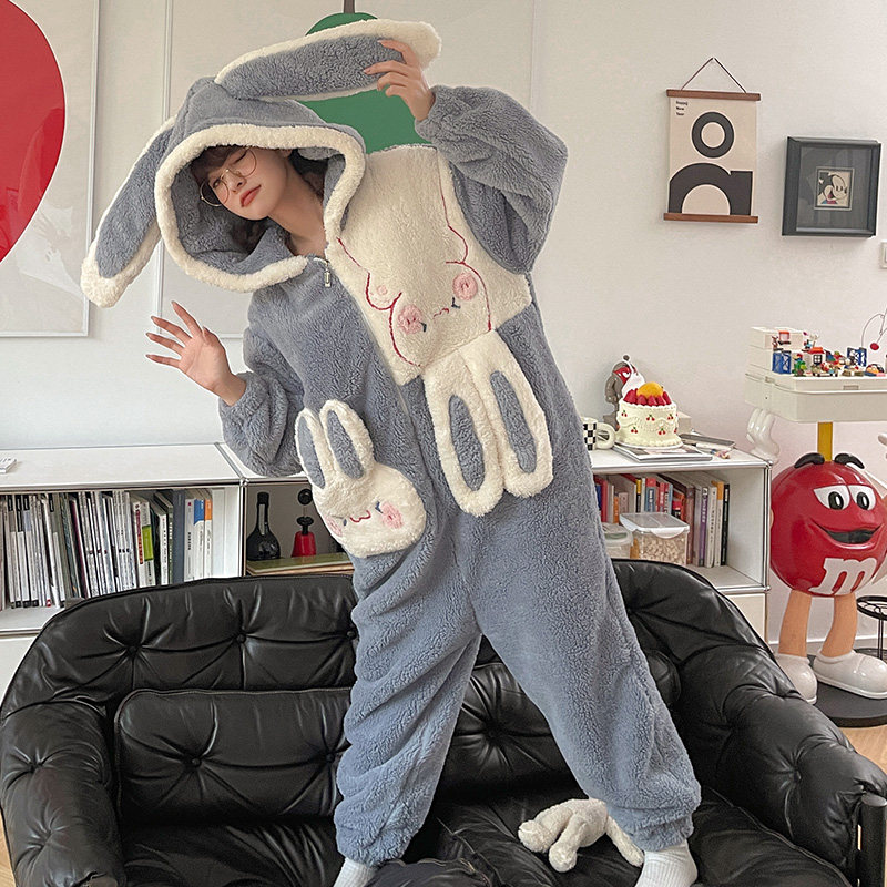 连体冬季加绒珊瑚绒可爱连帽睡衣 戴蜜睡衣/家居服套装