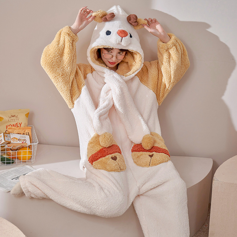 珊瑚绒连体秋冬季加绒可爱冬天睡衣 戴蜜睡衣/家居服套装