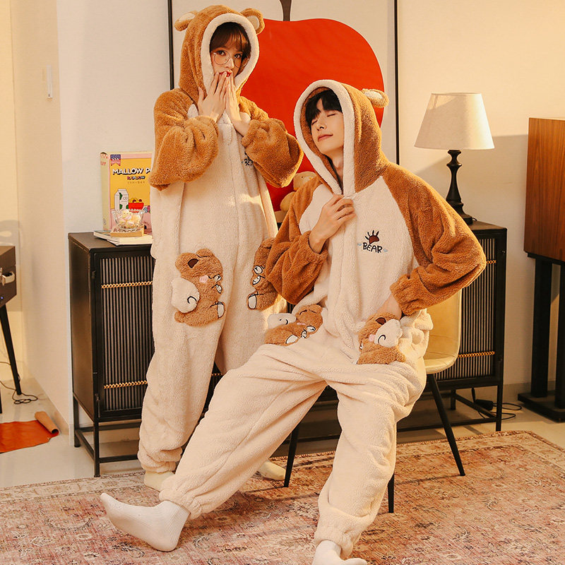 情侣冬季珊瑚绒加绒连体可爱睡衣 戴蜜睡衣/家居服套装