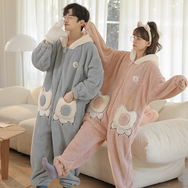 情侣连体冬天加绒珊瑚绒秋冬季睡衣 戴蜜睡衣/家居服套装