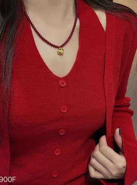 小众高级感本命年红色串珠吊坠项链女轻奢气质锁骨链百搭毛衣链潮