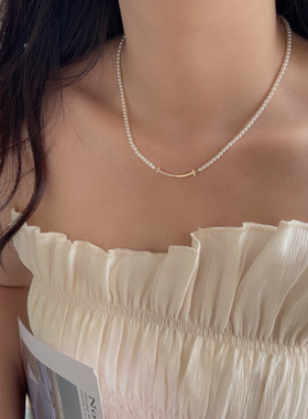 双T款不对称项链锆石珍珠平替