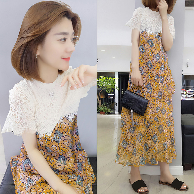 碎花连衣裙2020蕾丝拼接雪纺长裙 梵莉思女装连衣裙