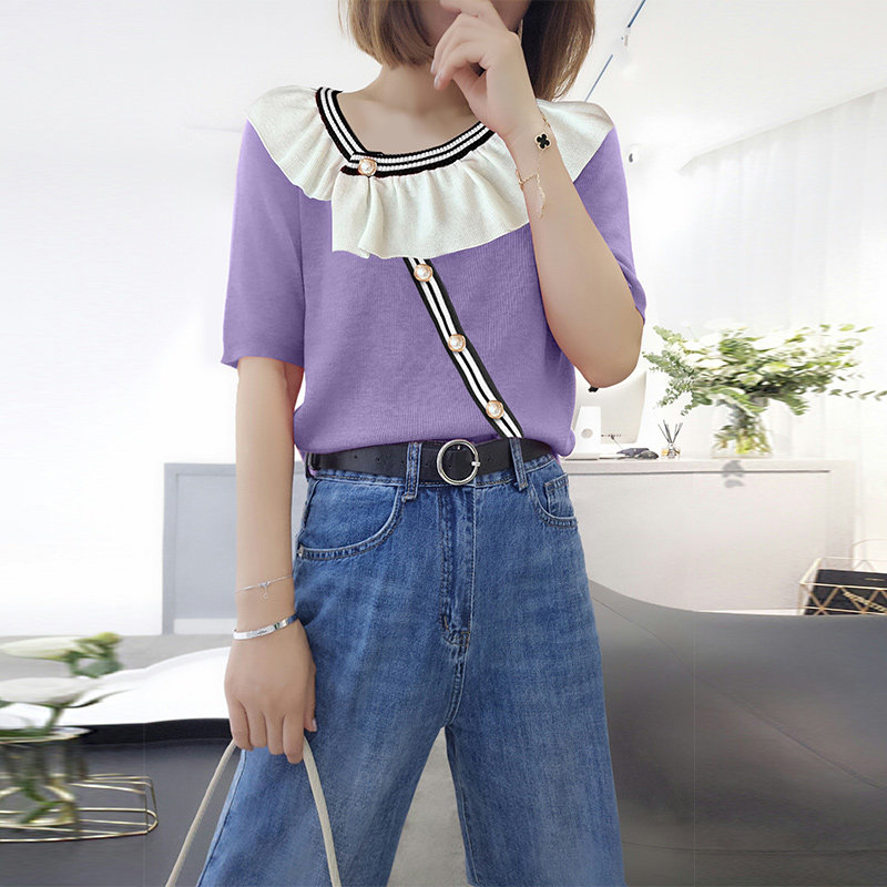 欧洲站2020紫色洋气荷叶领t恤上衣 梵莉思女装T恤