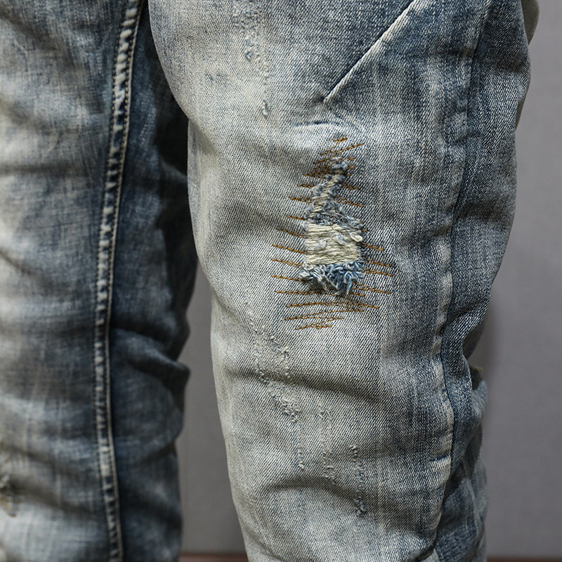 春秋休闲牛仔裤男修身小直筒潮牌裤子牛仔复古破洞补丁长裤男士