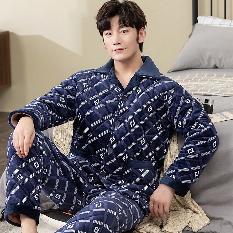 男士冬季珊瑚绒加绒三层夹棉睡衣 丰腾世家睡衣/家居服套装