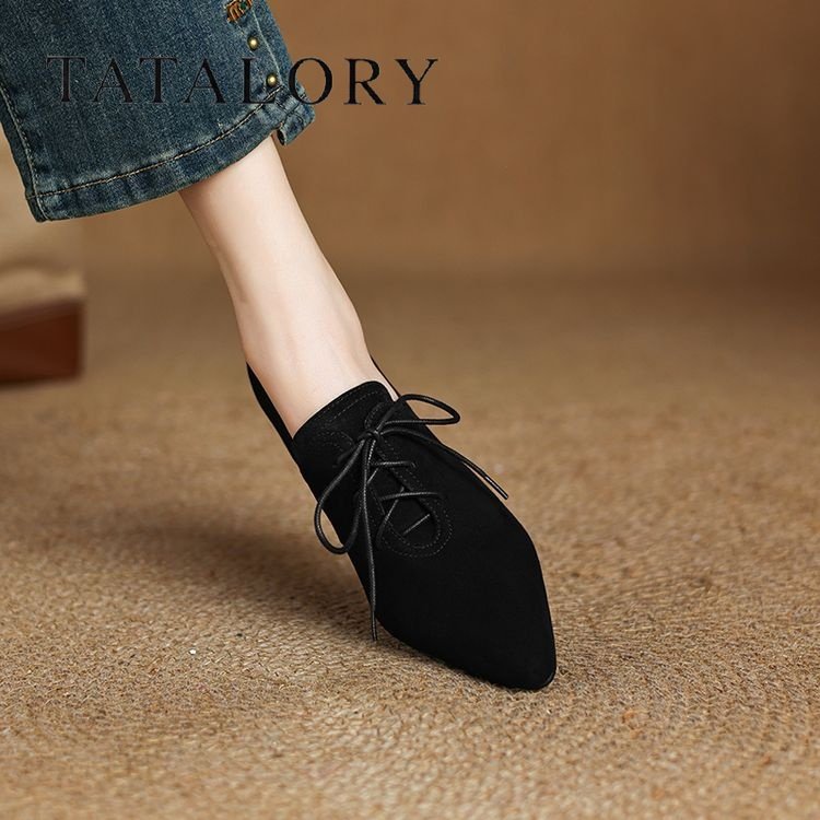 TATALORY女鞋羊皮绒面高跟尖头深口单鞋女时尚系带通勤粗跟及裸靴,淘宝优惠券,粉丝福利购,淘宝优惠卷