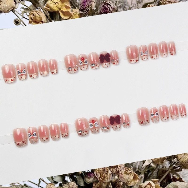 2026年新款儿童美甲穿戴甲感短款法式丝绒蝴蝶醒狮30片假指甲,淘宝优惠券,粉丝福利购,淘宝优惠卷