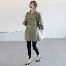 Gestational Maternity Pregnancy Spring Autumn Season Pure Cotton Korean Version Army Green Dress Shirt Loose medium Long Blouse Shirt Jacket