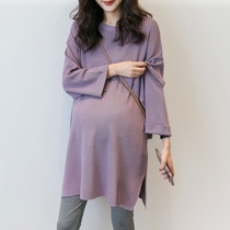 Pregnancy Maternity Dress Medium Long Knit Loose Korean Version Spring Autumn Season Winter T-shirt With a Purple Sweater Dress in the undershirt