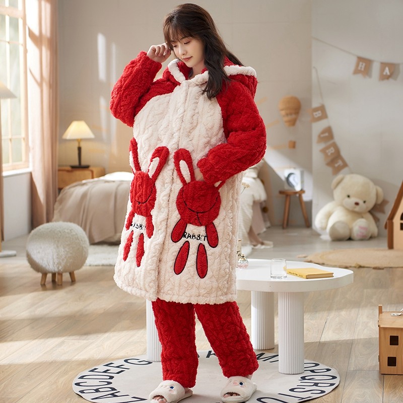 珊瑚绒睡袍女秋冬季款加厚加绒三层夹棉睡衣长款法兰绒家居服套装,淘宝优惠券,粉丝福利购,淘宝优惠卷