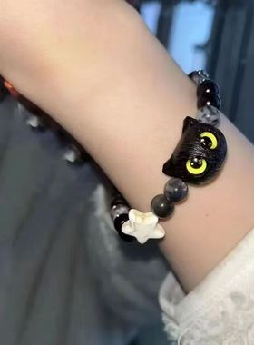 手工木质手链学生可爱复古小猫咪串珠手链情侣手串闺蜜百搭小众