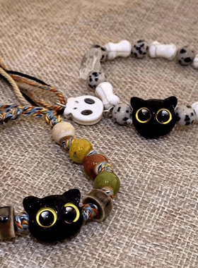 骷髅猫咪陶瓷编织绳手链女小众设计感甜酷中国风流苏彩色手串手饰