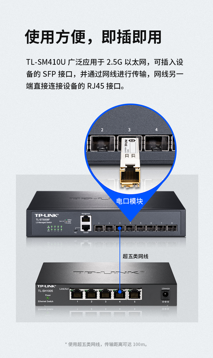 TP-LINK TL-SM410U千兆2.5G SFP电口模块插sfp光口转Rj45网线接口光电转换器光纤交换机2500M网口网线接入器-图3