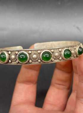 蛋面绿色包邮仿古手镯藏银