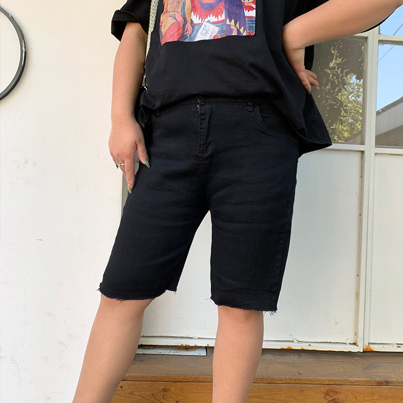 夏季黑色短裤胖mm紧身五分裤牛仔裤 婀妮芭芭牛仔裤