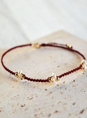 细款暗红绳14k包金珠手工编织珍珠红绳手链女幸运简约甜美风礼物