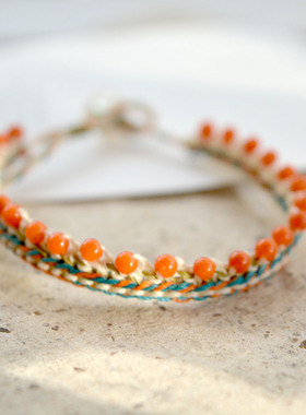 原创手工钩编 天然石南红手链 花瓣珍珠 双面可戴 北柠纪孤品