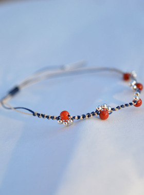 北柠纪 原创编织 蜡线南红纯银碎银手链 法式ins风小众设计手绳