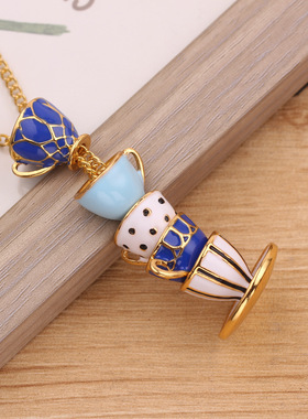 跨境热卖卡通滴油保色茶杯茶壶耳环长款项链配件合金吊坠饰品