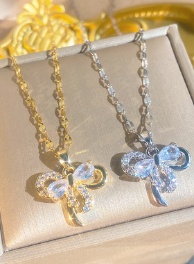 新款小众蝴蝶结水钻女锁骨链