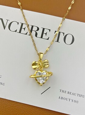 轻奢小众金色爱心蝴蝶结钛钢项链
