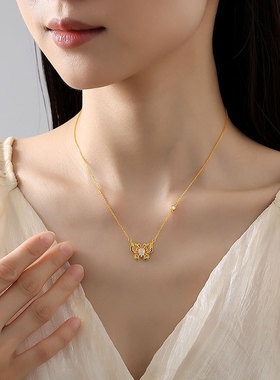 白玉髓花丝蝴蝶项链女S925纯银