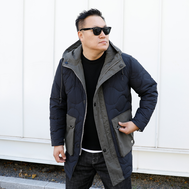 冬新款日系复古拼接潮胖子大号加肥加大码男士中长款连帽羽绒服 - 图0