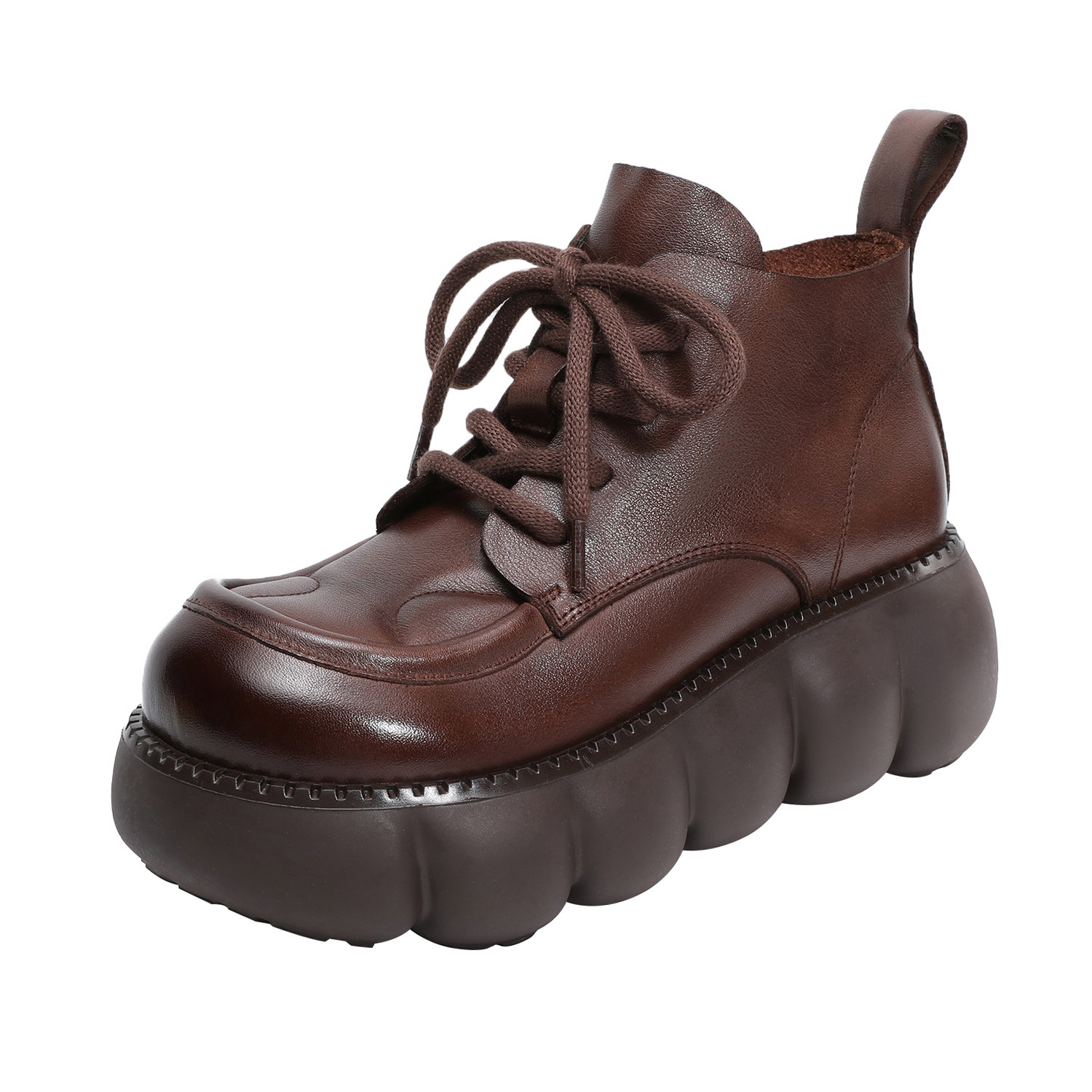 2025秋季新款英伦复古圆头真皮短靴女松糕厚底马丁靴系带高帮皮鞋,淘宝优惠券,粉丝福利购,淘宝优惠卷