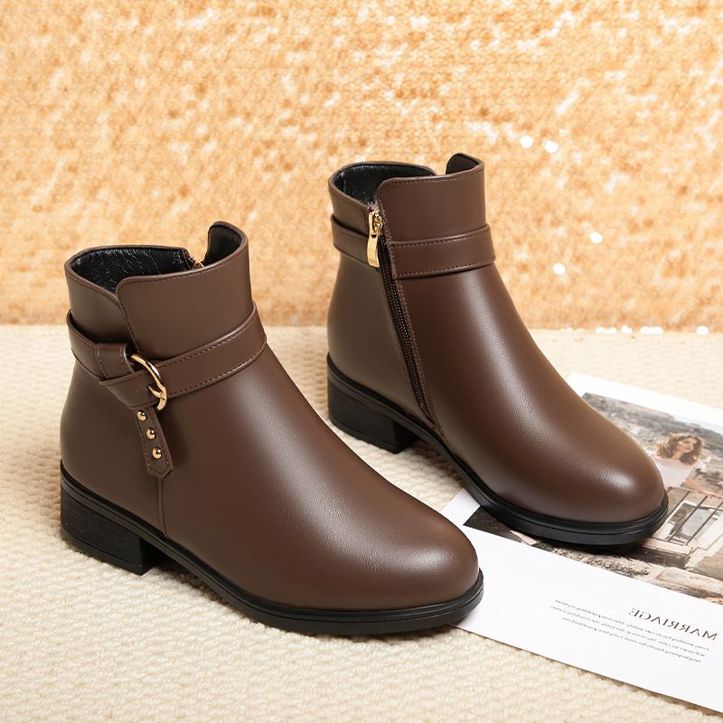 简约高级冬季新款短靴女加厚保暖女靴粗跟软底中老年妈妈棉鞋 - 图2