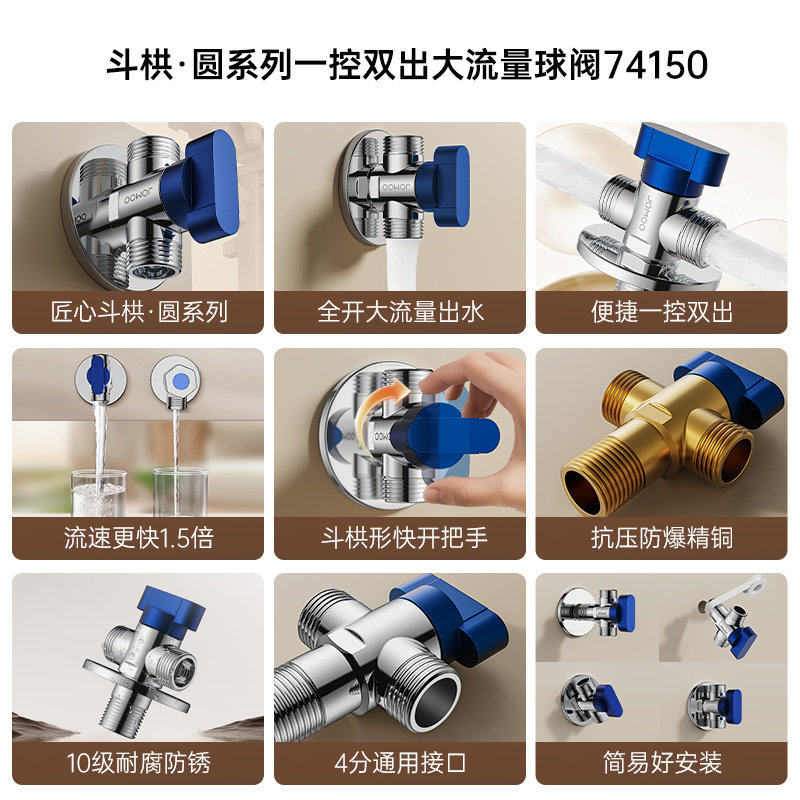 九牧卫浴球阀一进二出三通一分二大流量双头出水角阀开关分水阀门,淘宝优惠券,粉丝福利购,淘宝优惠卷