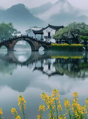 江南水乡自粘风景墙贴客厅卧室