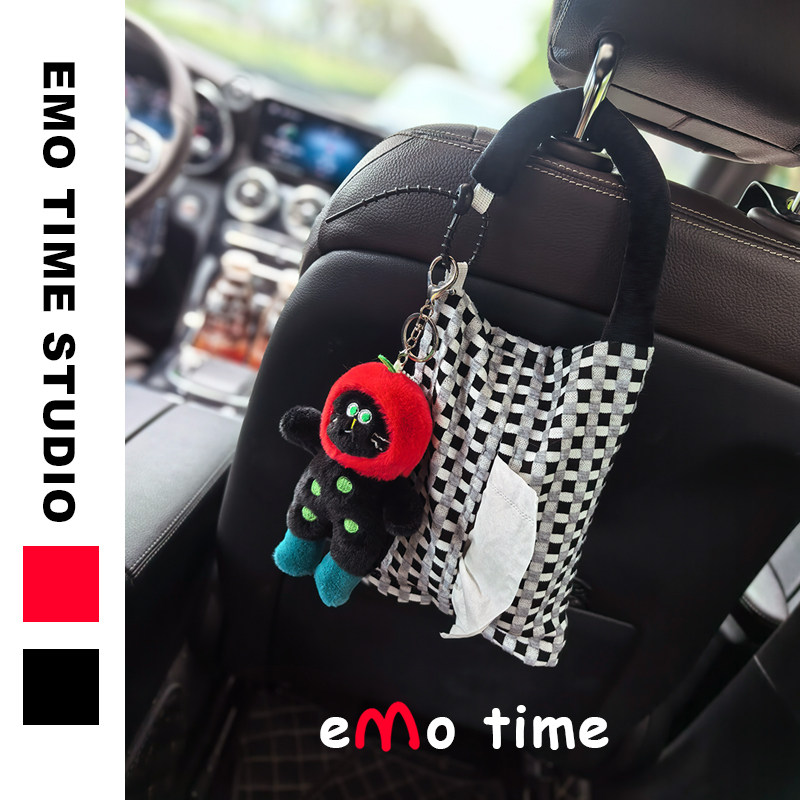 emo平安果小黑猫车载棋盘格纸抽盒可爱丑萌毛绒抽纸盒车内装饰品,淘宝优惠券,粉丝福利购,淘宝优惠卷