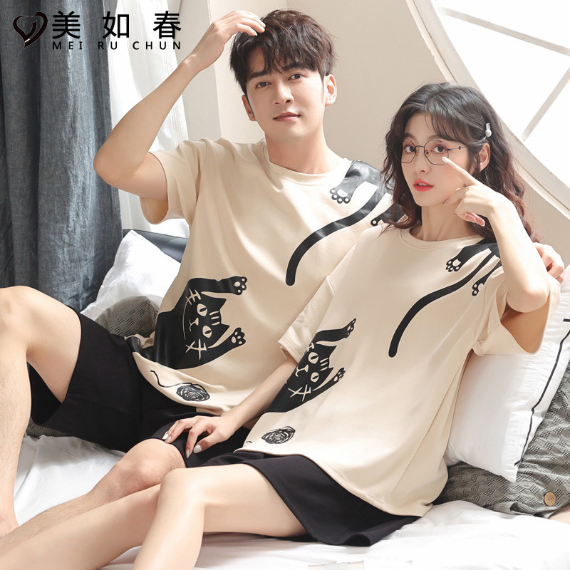 纯棉情侣夏季短袖短裤休闲青年睡衣 美如春睡衣/家居服套装