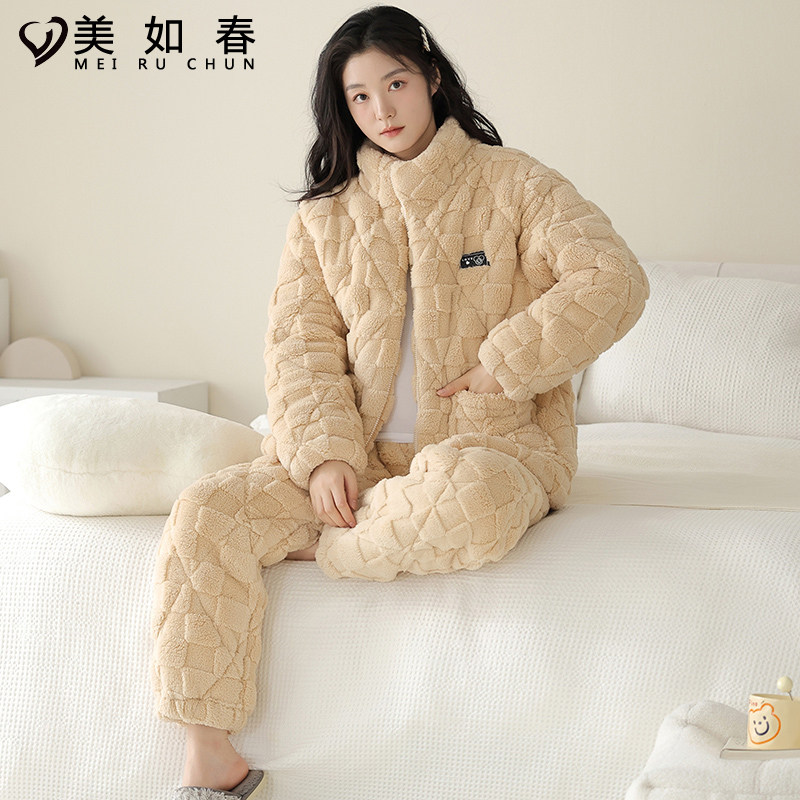 夹棉三层加厚冬季女士睡衣2025年新款法兰绒卡通家居服珊瑚绒套装,淘宝优惠券,粉丝福利购,淘宝优惠卷