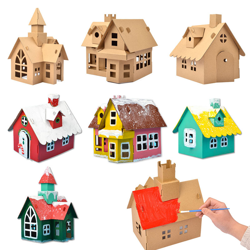 圣诞节手工房子diy纸板小屋制作材料儿童拼装建筑模型纸盒玩具屋 - 图2