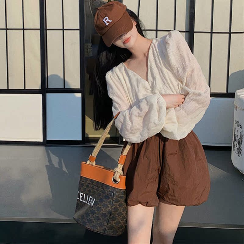 夏季泡泡袖雪纺长袖v领褶皱+衬衫 宝媞奴时尚套装