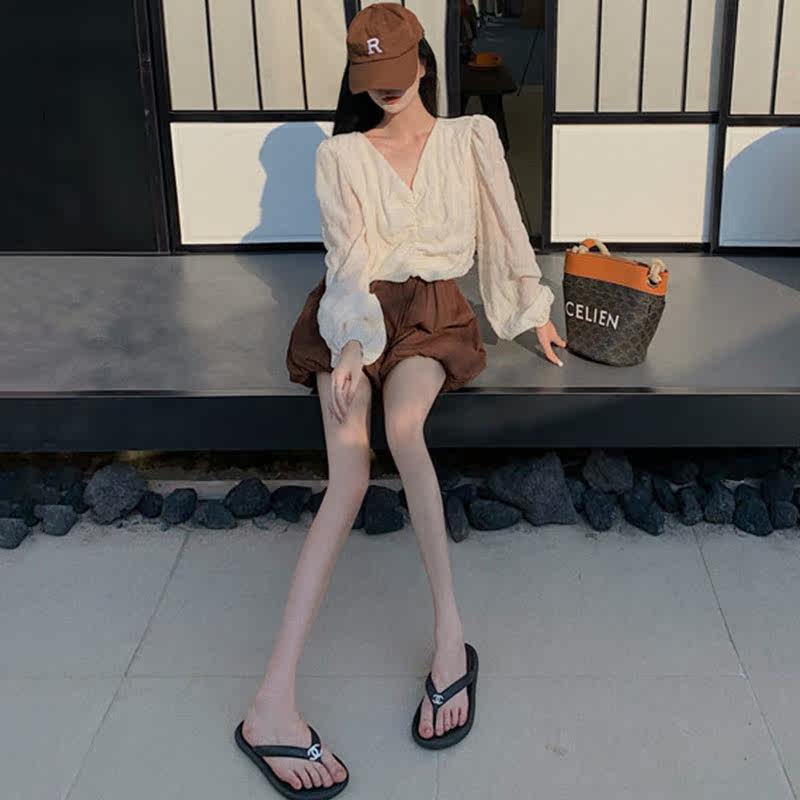 夏季泡泡袖雪纺长袖v领褶皱+衬衫 宝媞奴时尚套装