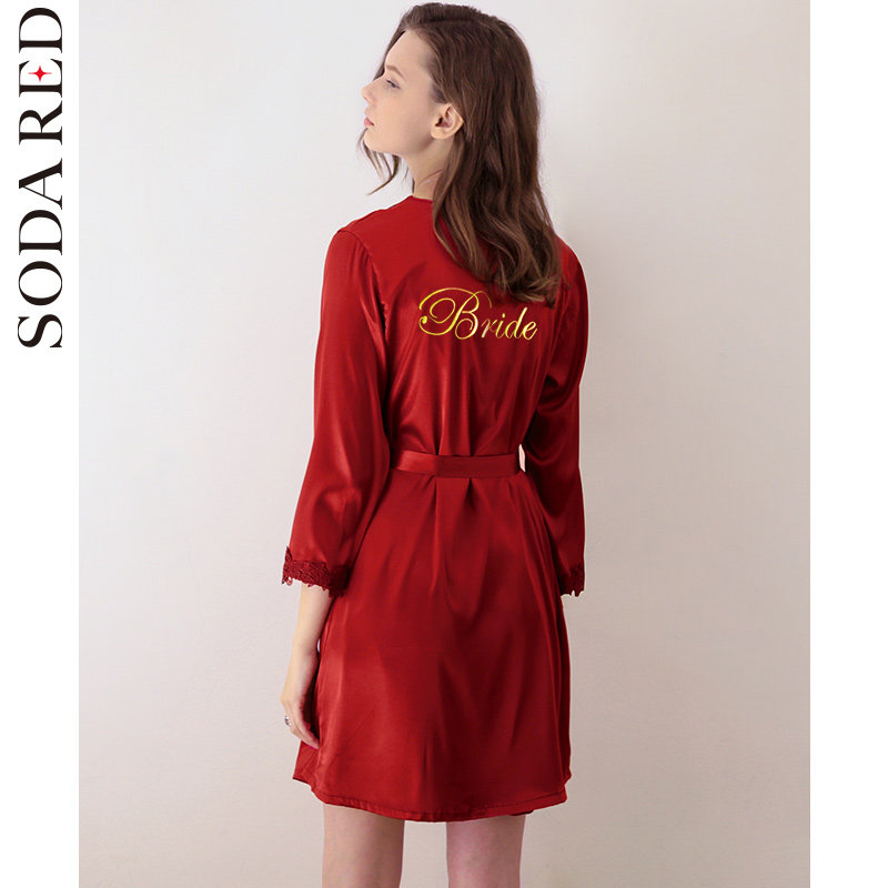 春秋季性感冰丝红色结婚婚礼晨袍 苏打红睡袍/浴袍