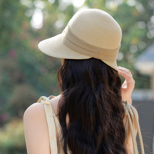 新款时尚草帽女2025夏编织镂空透气遮太阳防晒帽大檐鸭舌帽可折叠 - 图2