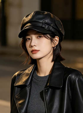 显脸小英伦PU皮女报童帽春秋