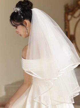 法式风新娘头纱白色双层包边超仙森系简约结婚婚纱头饰