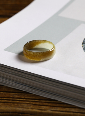 16号戒指 和田玉糖玉唐草纹薄款素圈指环 4188