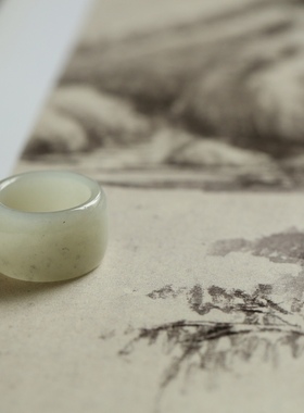 13号戒指 新疆和田玉白青花轮胎款指环 宽条玉戒散墨 2079