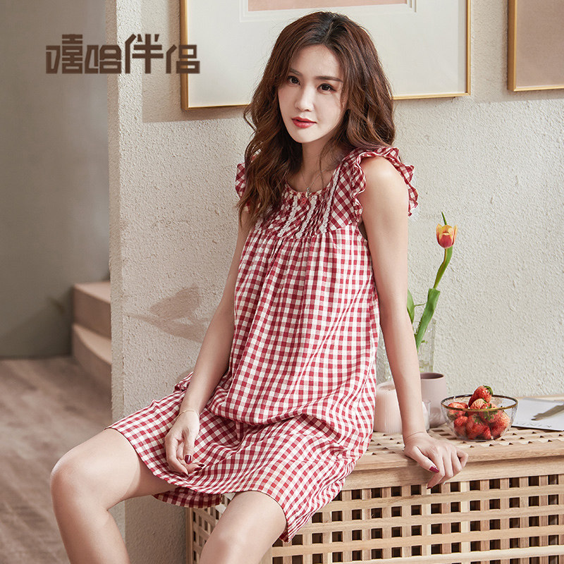 女士纯棉格子无袖睡裙可外穿连衣裙 嘻哈伴侣睡裙