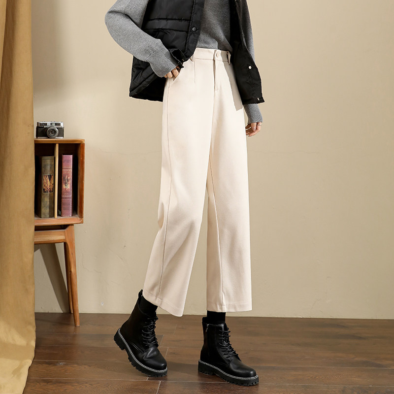 毛呢马丁靴裤子搭配女秋冬加绒小个子八分九分直筒阔腿裤遮胯显瘦