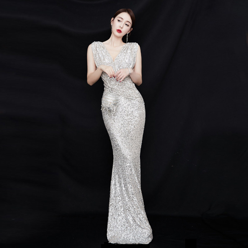 晚礼服裙2023新款生日派对宴会气质气场女王主持人年会长款连衣裙