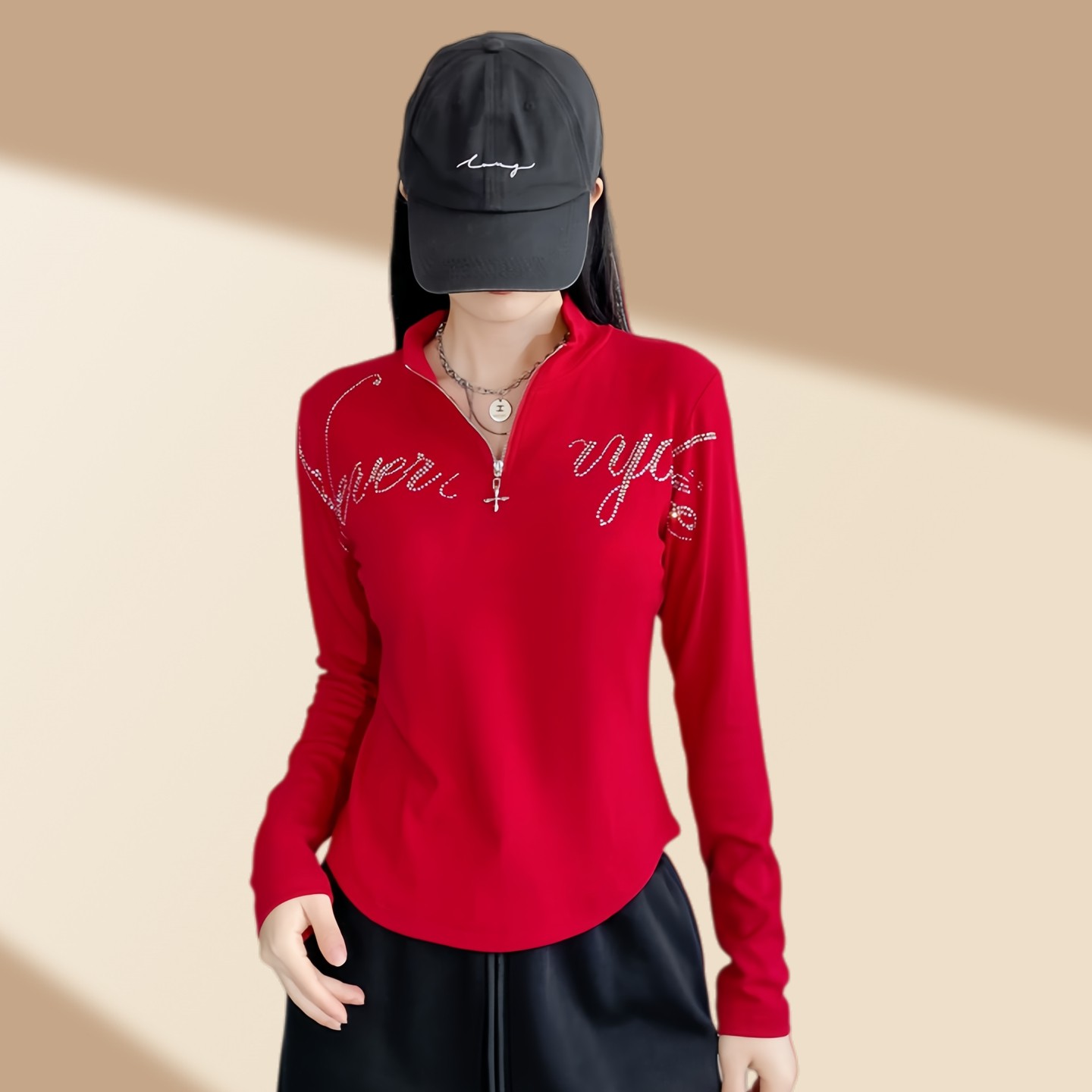 网红美式简约风半拉链烫钻字母广场舞上衣女修身休闲运动长袖t恤,淘宝优惠券,粉丝福利购,淘宝优惠卷